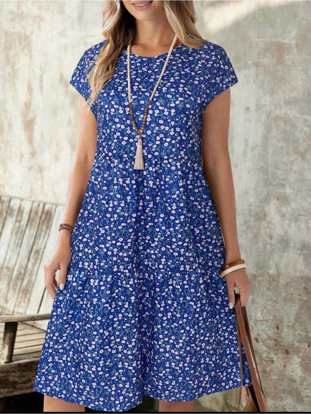 Emery Rose Navy Blue Floral Short Sleeve A-Line Dress
